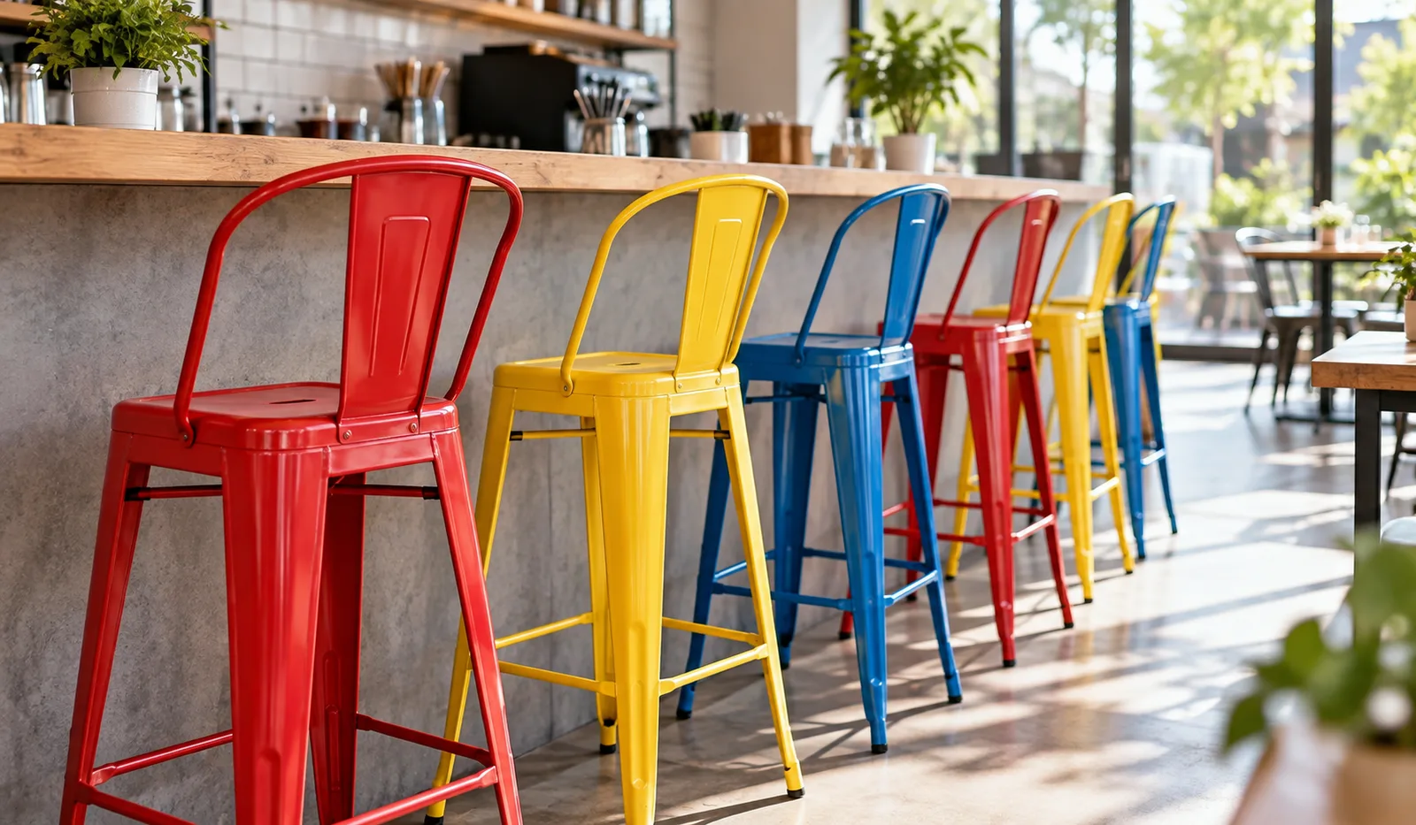 A row of classic bar stools lined up along a wooden counter in a traditional pub setting.