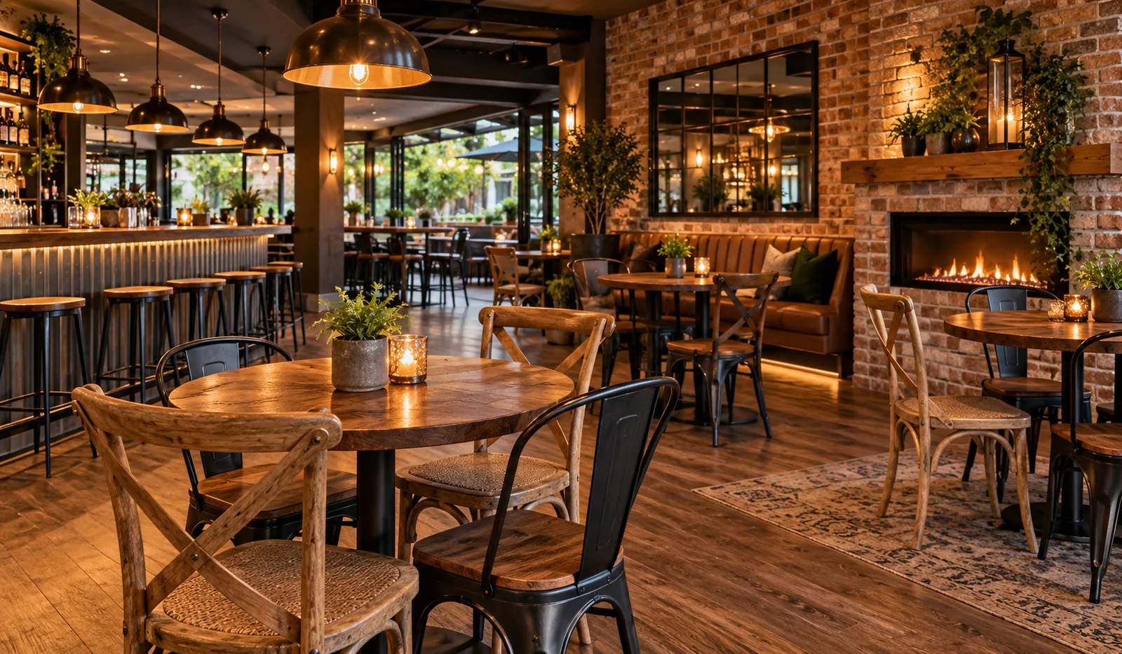 Warm pub interior with timber and metal cafe furniture